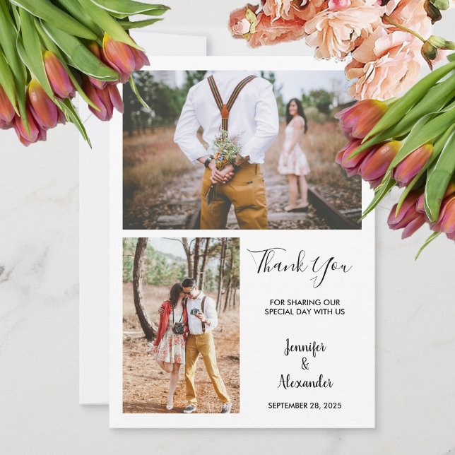 Foto elegante moderna russa Obrigado Cartão de cas (Modern rustic elegant photo Thank You wedding card. You can add your own photos to personalize.)