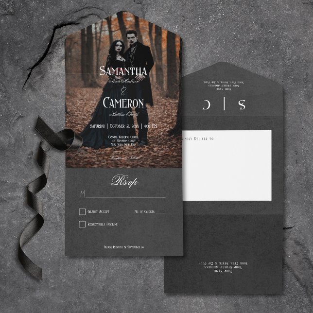 Foto Elegante Preta Gótica Sem Janto (Gothic Moody Black Elegant Photo All In One Wedding Invitation without Dinner Options)