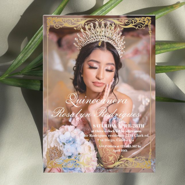 Foto Elegante Quinceanera Dourado Convite Branco (Criador carregado)