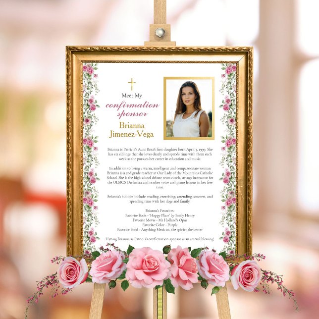 Foto Elegante rosa Dourado Conheça Meu Patrocinador de  (Elegant Pink and Gold Rose Floral Greenery Confirmation Welcome Sign for Confirmation Sponsor)