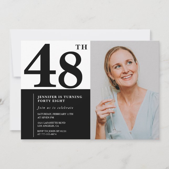 Foto em branco preto 48º Convites de aniversário (Frente)