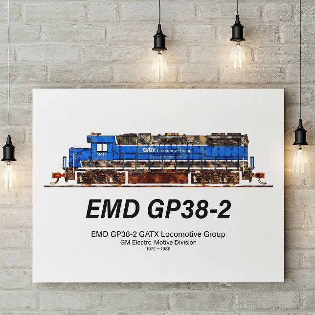 Foto EMD GP38-2 Locomotive diesel azul e branco GATX (EMD GP38-2 Diesel Locomotive GATX blue and white. Photo Print)