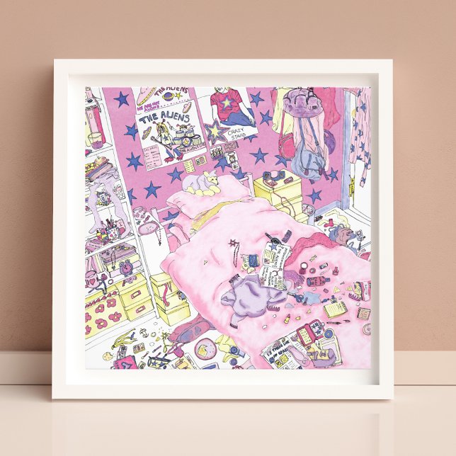 Foto Encantadora Engraçada Meninas Mensageiras De Quart (Funny teen girls messy pink bedroom watercolor artwork)