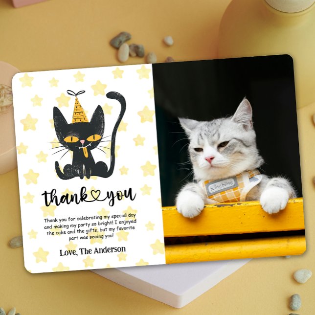 Foto Engraçado Cartões de agradecimentos de aniver (Photo Funny Black Cat Birthday Thank You Card)