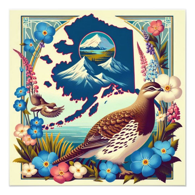Foto Estado americano do Alasca - Design de Ave e Flor (Frente)