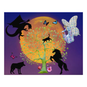 Foto Fada Dragão Unicórnio Fantasia Árvore e Lua Cheia