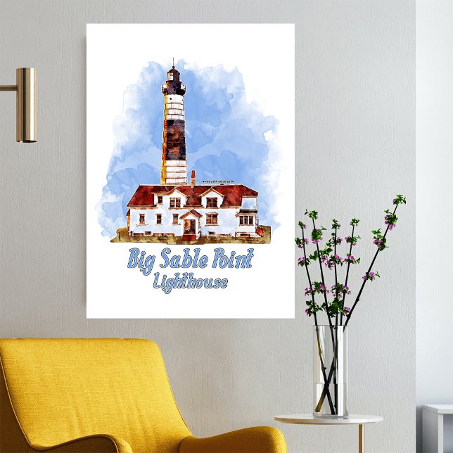 Foto Farol de Big Sable Point Aquarela - Michigan (Big Sable Point Lighthouse Watercolor - Michigan. Photo Print)