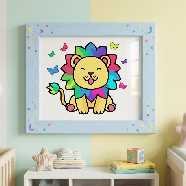 Foto Feliz leão sorridente com borboletas. (Cute smiling Kawaii Lion with Butterflies Cartoon. Photo Print)