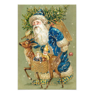 Foto Feliz Natal, Cartão Antigo, Papai Noel e Rena
