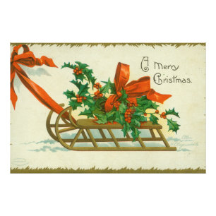 Foto Feliz Natal - cartão postal vintage, trenó e azevi