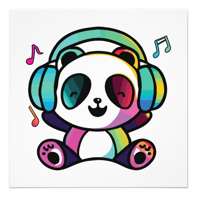 Foto Feliz Panda com fones de ouvido ouvindo música. (Frente)