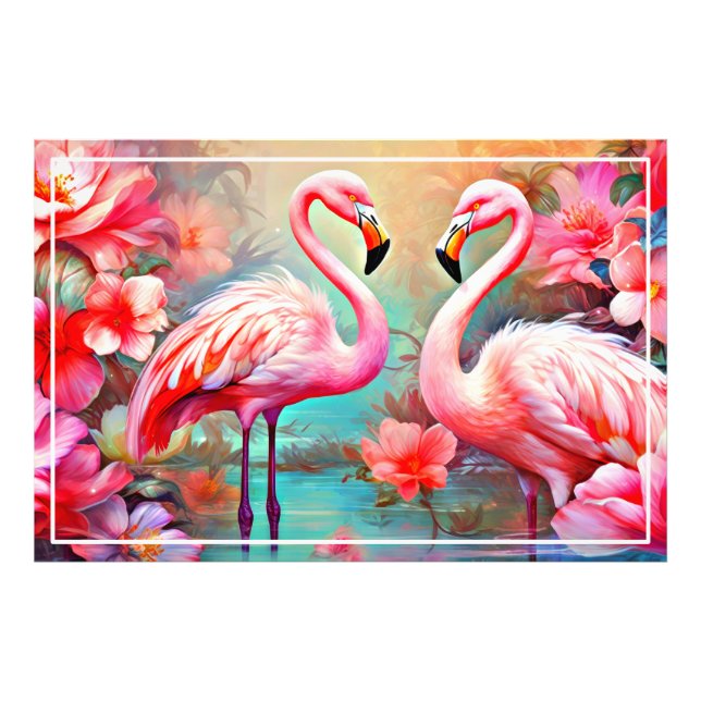 Foto Flamingos rosa em um lago com flores-20231 (Frente)