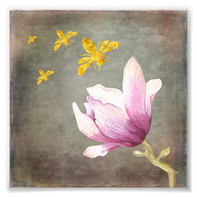 Foto Flor de Aquarela e Abelhas Douradas (Frente)