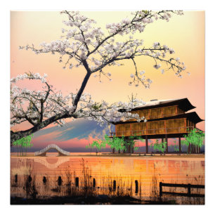 Foto Flor Serena: Pôr do Sol sobre uma Casa de Lago Jap