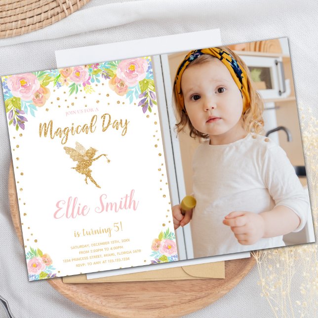 Foto Floral - Convites de Aniversário para Fadas M (Floral Photo Magical Fairy Birthday Invitations)