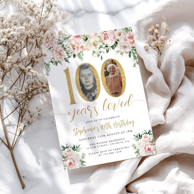Foto Floral Cor-de-Rosa Blush 100º Convite de Aniv (Criador carregado)