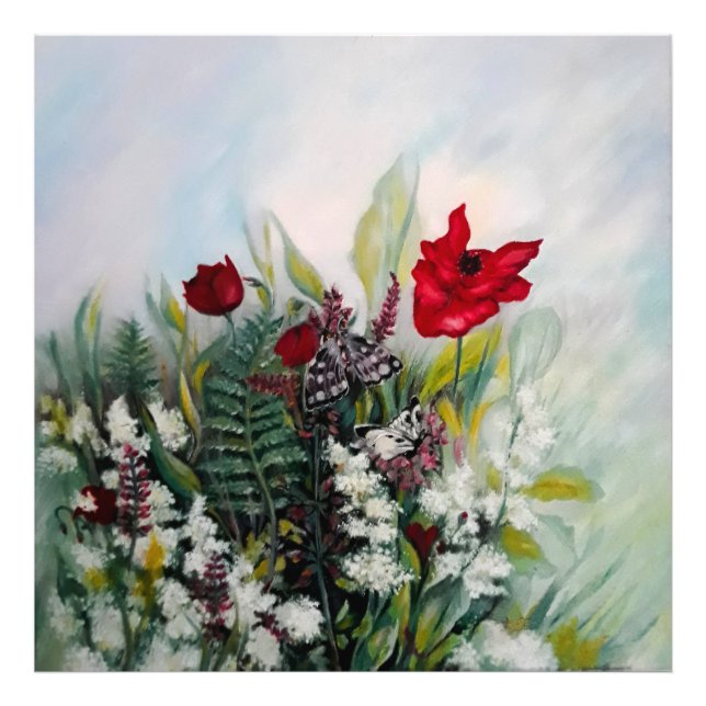 Foto Flores de primavera com papoila e borboletas (Frente)