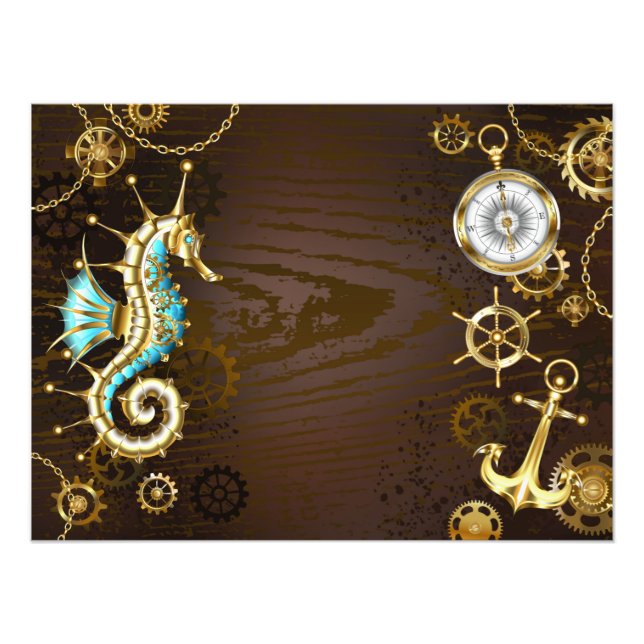 Foto Fundo de madeira com cavalo de mar mecânico (Frente)