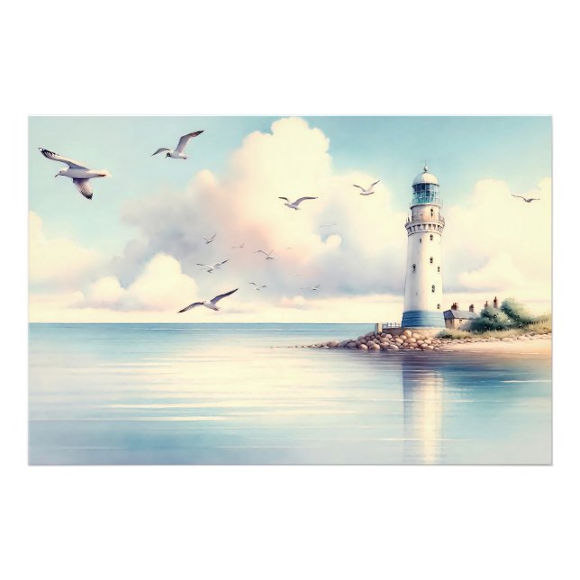 Foto Gaivotas do Farol Costeiro Céu Pastel Serenidade (Frente)