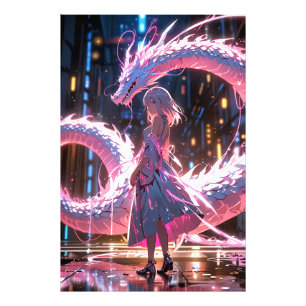 Foto Garota Anime Cyberpunk Dragão Neon Arte Fantasia