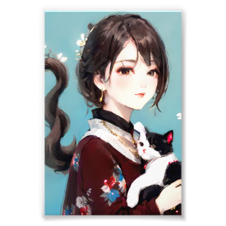 Foto Garota de Anime Abraçando um Gato Preto e Branco
