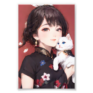 Foto Garota de Anime com Gato Branco em Vermelho