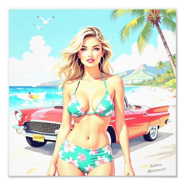 Foto Garota na praia com um carro clássico (Frente)