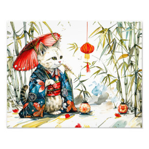 Foto Gata Geisha Branca com Guarda-Chuva Vermelho na Fl