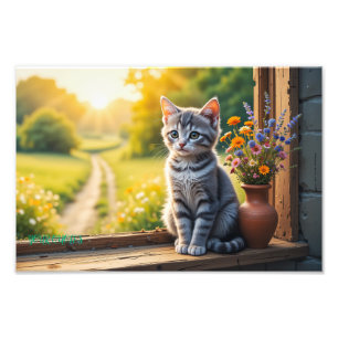 Foto Gatinho Atigrado Fofo pela Janela com Flores Silve