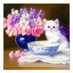 Foto Gatinho Branco Vintage com Laço Roxo