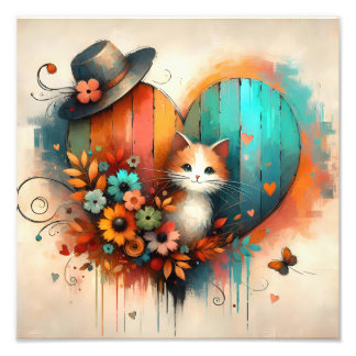 Foto Gatinho Caprichoso em Floral Azul Turquesa e Laran