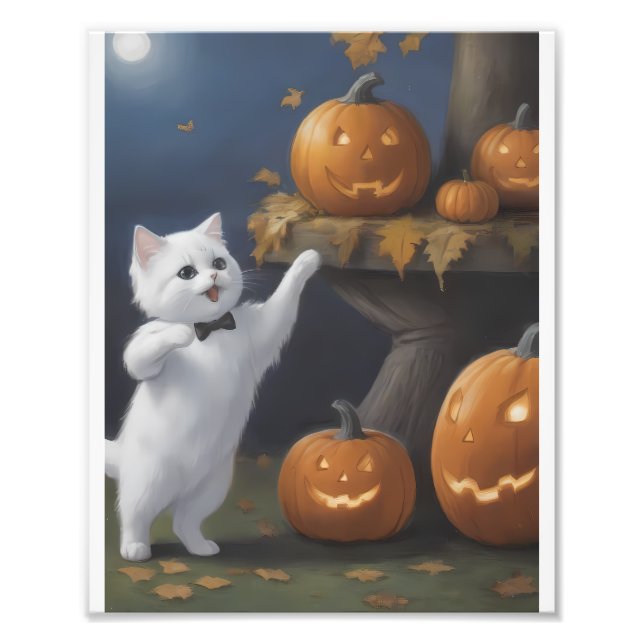 Foto Gato Branco com Abóboras de Halloween (Frente)
