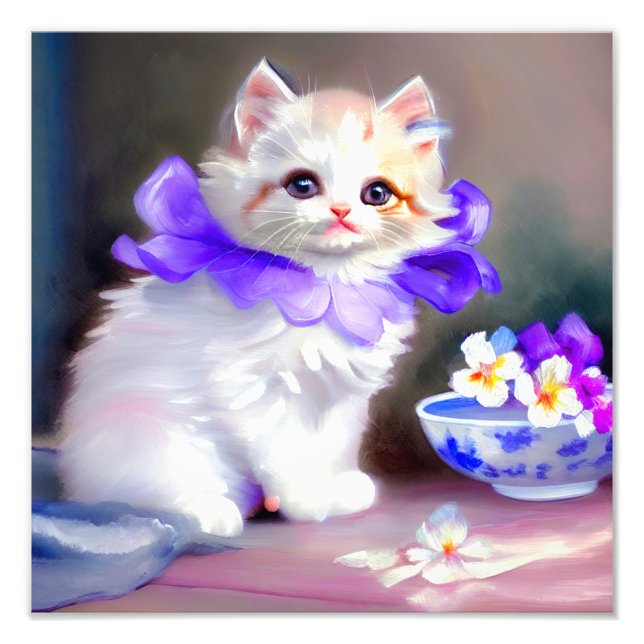 Foto Gato branco com pintura de colarinho de flores rox (Frente)