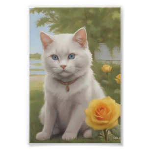Foto Gato Branco com Rosas Amarelas