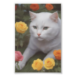 Foto Gato Branco em um Jardim de Rosas Colorido