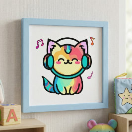 Foto Gato Cartoon Kawaii Sorridente Feliz com Fones de