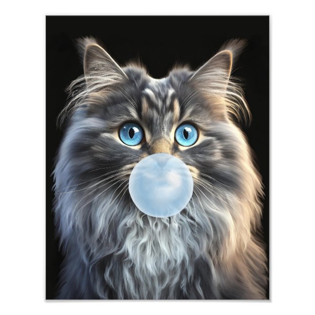 Foto Gato com olhos azuis soprando uma pastilha azul (Frente)