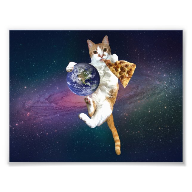 Foto Gato com planeta e comendo pizza (Frente)