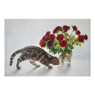 Foto Gato e Rosas Vermelhas – Impressão de Pintura a Ól