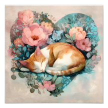 Gato Gengibre Sonolento Sonhador Aquarela Floral