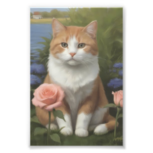 Foto Gato Laranja e Branco com Rosas Cor-de-Rosa