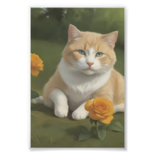 Foto Gato Laranja e Branco com uma Rosa Amarela