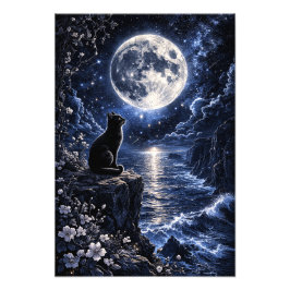 Foto Gato Preto Sob a Fantasia Noturna do Oceano de Lua