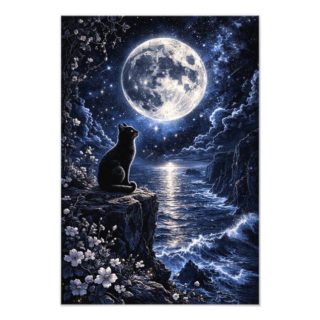 Foto Gato Preto Sob a Fantasia Noturna do Oceano de Lua (Frente)