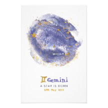 Gemini Nome do bebê Zodiac Starry Nursery Poster