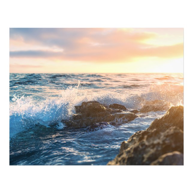 Foto Golden Hour Ocean Waves Crashing on Rocks Sunset (Frente)