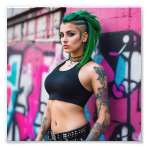 Foto Grafite De Punk De Cabelo Verde Lindo Asiático