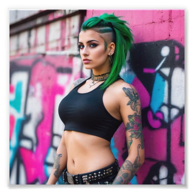 Foto Grafite De Punk De Cabelo Verde Lindo Asiático (Frente)