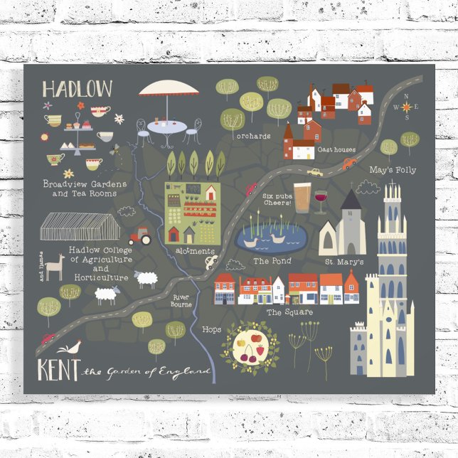 Foto Hadlow, Kent Ilustrated English Village Map (Hadlow, Kent English village artist map poster)