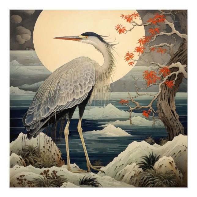 Foto Heron na Arte Japonesa da Noite Ukiyo (Frente)